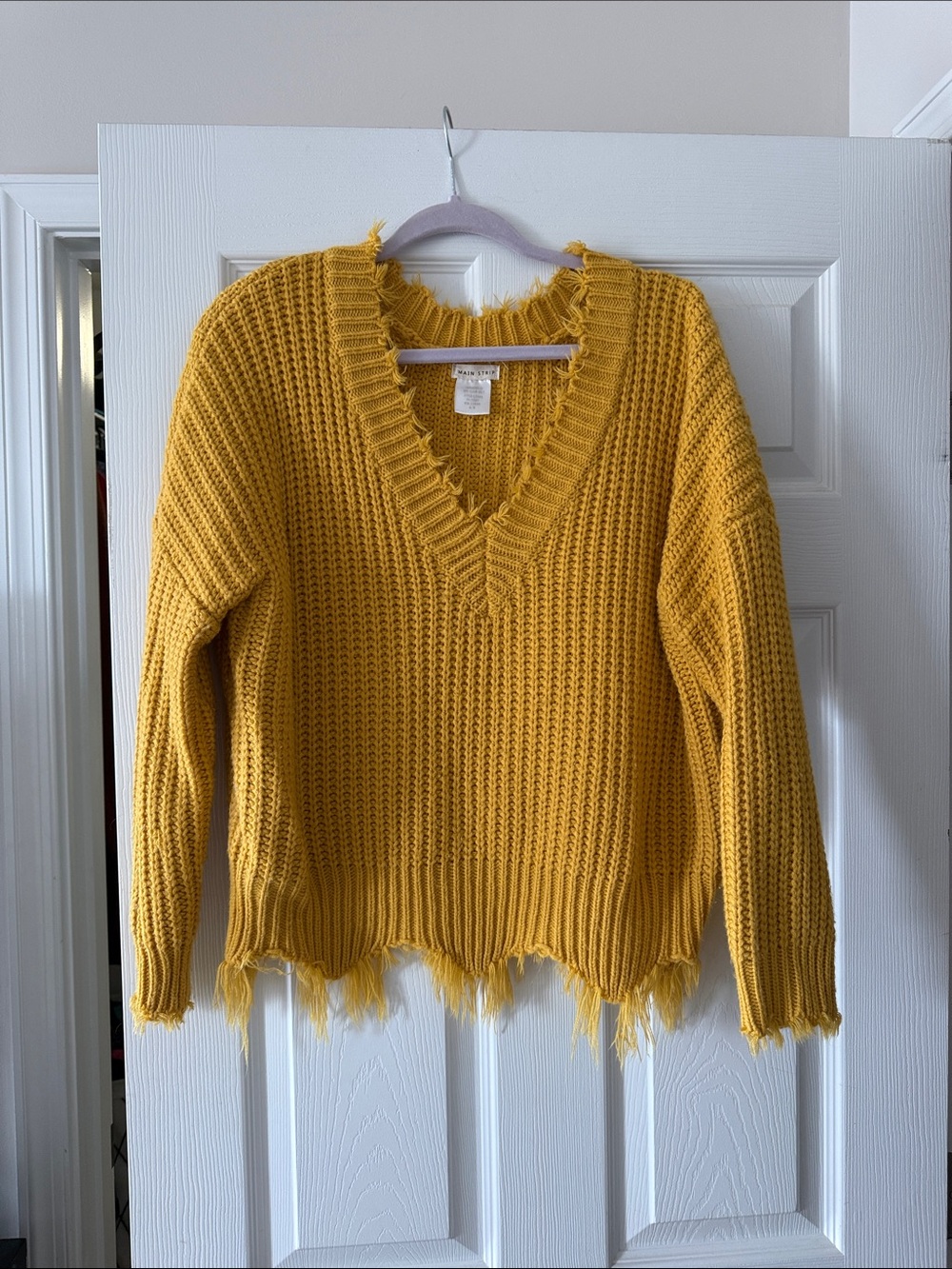 Main Strip Mustard Yellow Distressed V-Neck Sweater